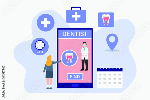 Dentist vector concept. Young woman using a mobile phone application to finding a dentist online service