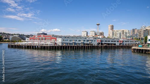 Seattle, Washington, USA - June 4 2021: Seattle pier 70 port of Seattle during summer. View from Elliott Bay. Space Needle. Washington state. © Daniel