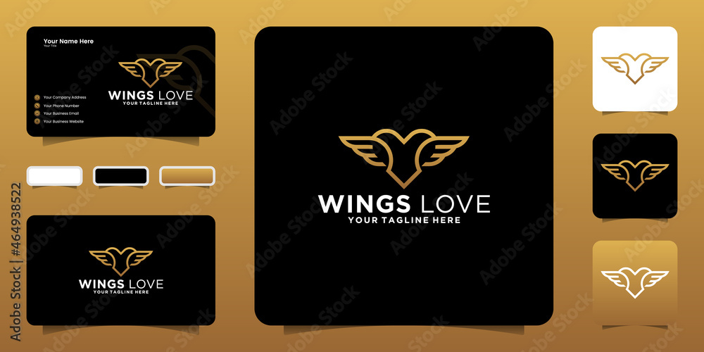 wings of heart with line style inspirational logo design and business card