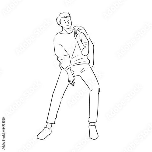 Illustration of a man sitting on a chair with his jacket over his shoulder (white background, vector, cut out ,line art)
