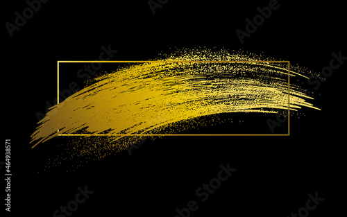 Gold brush strokes with line frame on black background vector illustration