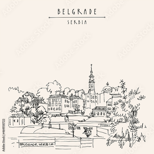 Belgrade, Serbia hand drawn postcard. Belgrade skyline view from river Sava. Hand drawing. Serbian travel sketch. Vintage touristic postcard, poster, calendar or book illustration