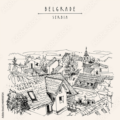 Belgrade, Serbia hand drawn postcard. City view from Zemun. Panorama with Danube river. Hand drawing of Belgrade roofs. Serbian travel sketch. Vintage touristic postcard, poster illustration
