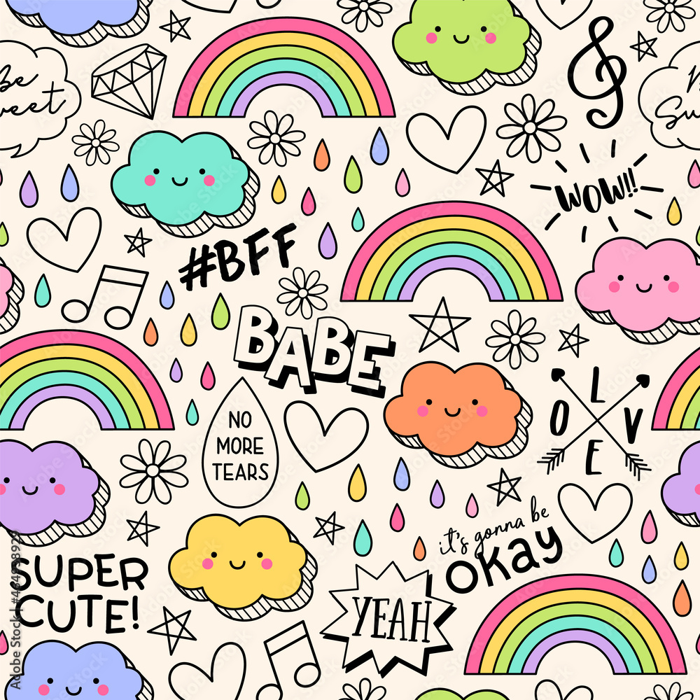 Cute hand drawn cartoon cloud and doodle seamless pattern background. Cute hand drawn cartoon cloud and doodle seamless pattern background.