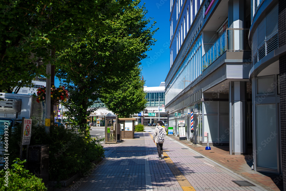 Naklejka premium 富山県富山市の富山駅前から観光名所をめぐる風景 A view of sightseeing spots from in front of Toyama Station in Toyama City, Toyama Prefecture 