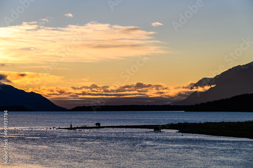 Sunrise over Naknek lake with brown bears on the sand spit, Katmai National Park, Alaska
 photo