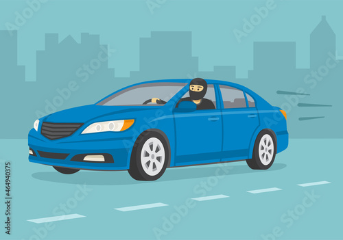 Fototapeta Naklejka Na Ścianę i Meble -  Driving a car. Isolated male car thief is looking through an open window. Character looks out a front window. Thief running away from police. Flat vector illustration template.