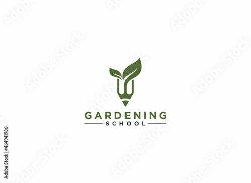 a logo for a gardening school with a leaf and pencil illustration that reflects the best of horticulture learning