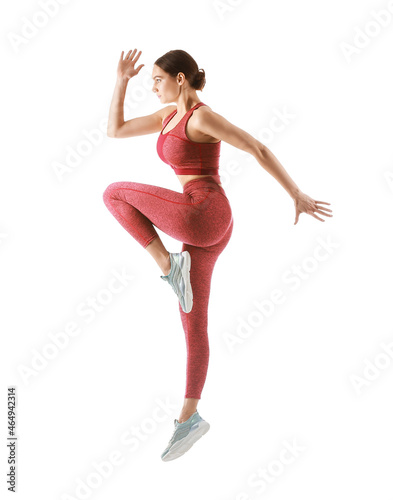 Sporty running woman on whi...