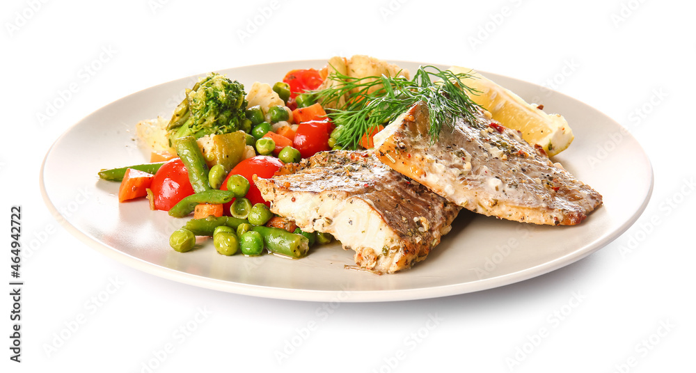 Plate with tasty baked cod fillet and vegetables on white background