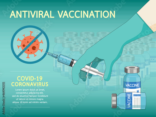 Coronavirus vaccine disease COVID-19. Hands in blue gloves of doctor holding syringe and vaccine vial injection tool for COVID 19 immunization treatment. Medicine vaccination antiviral for all.