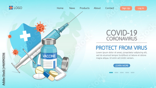 Coronavirus vaccine disease COVID-19. Syringe and vaccine vial injection tool for immunization treatment. Medicine vaccination antiviral for all. Vector illustration for wed page template.