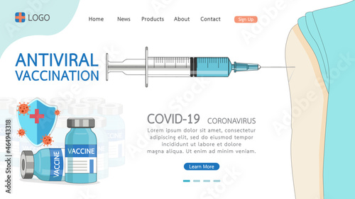 Coronavirus vaccine disease COVID-19. Syringe and vaccine vial injection tool for immunization treatment. Medicine vaccination antiviral for all. Vector illustration for wed page template.