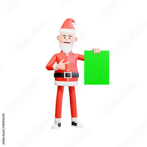 3d illustration of santa claus holding green paper with his left hand, and pointing with his right hand