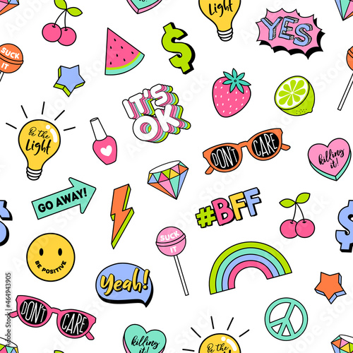 Seamless pattern of girl fashion patches   on white background.