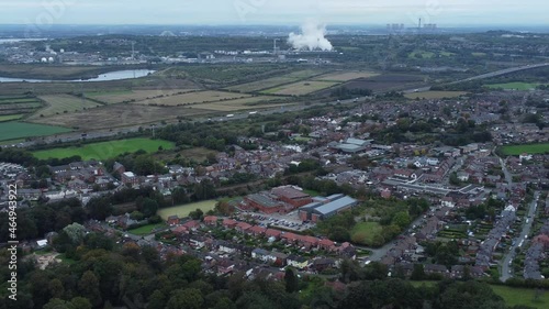 Aerial view above Halton North England Runcorn Cheshire countryside industry landscape slow tracking right photo