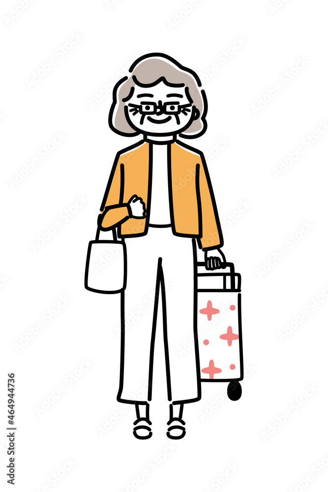 キャリーバッグを持つシニア女性のイラスト