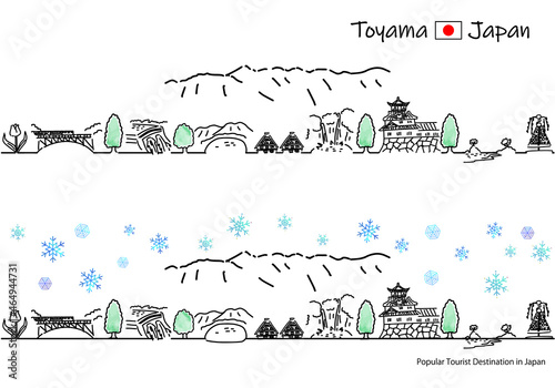 冬の富山県の観光地の街並みのシンプル線画セット