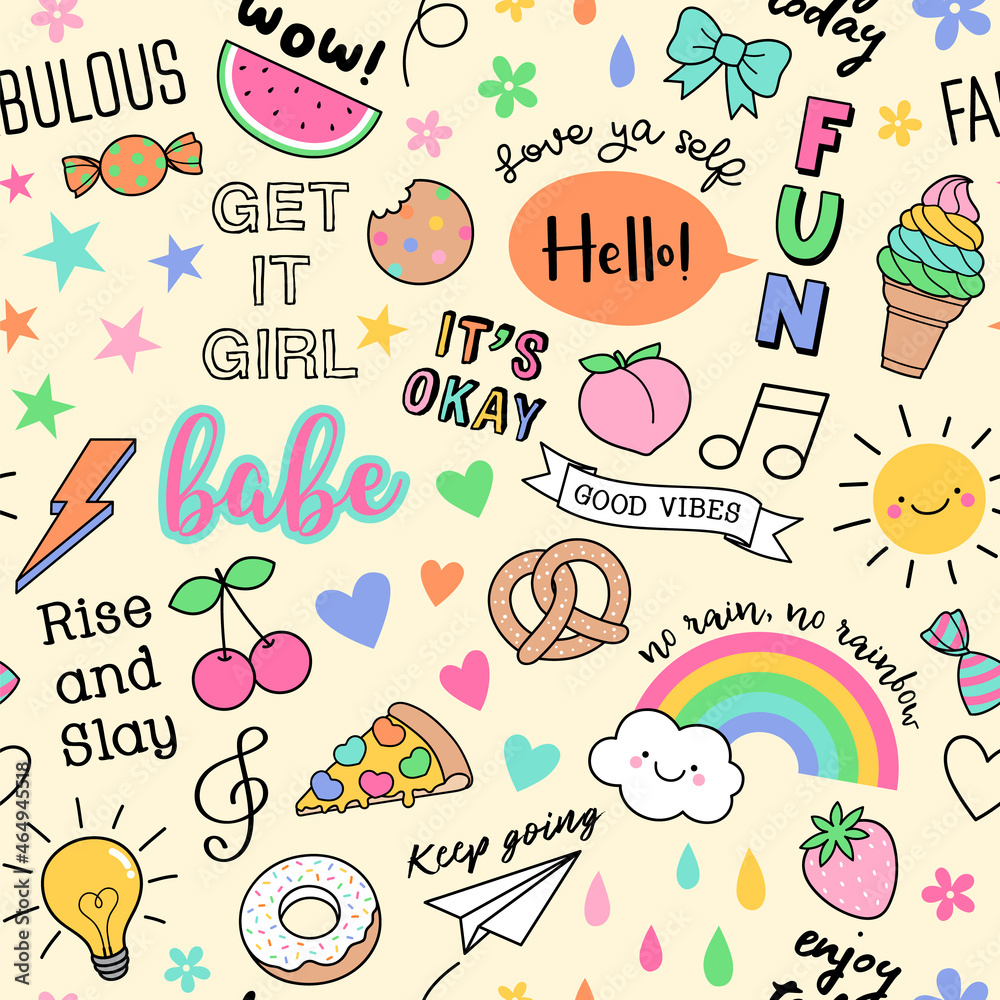 Cute girl's elements and inspiration quotes seamless pattern background.