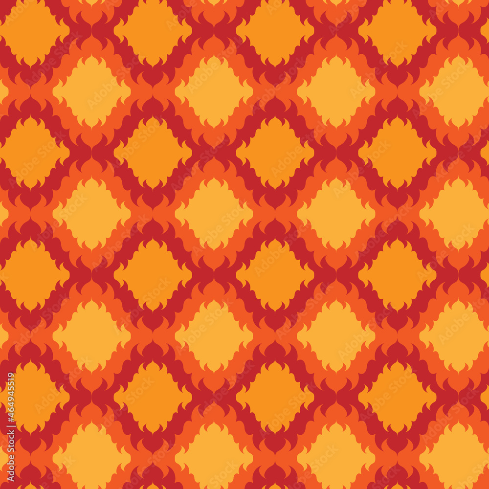 Fototapeta premium Abstract geometric seamless pattern. Red and orange tiles, tongues of flame ornament. Bright decorative retro background