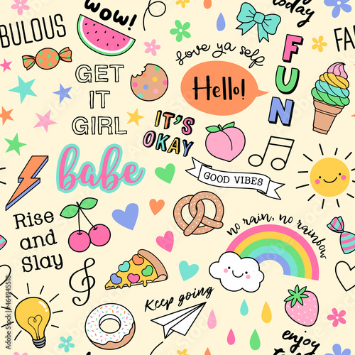 Cute girl s elements and inspiration quotes seamless pattern background.