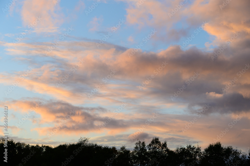 Fluffy ethereal pastel clouds lighted by the fading sun, as a nature background
