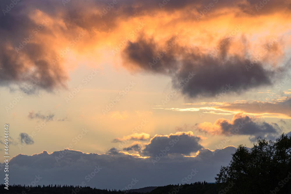 Dramatic sunset with light blue sky and bright clouds, and silhouetted tree line
Dramatic sunset with light blue sky and bright clouds, and silhouetted tree line