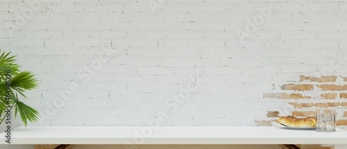 Fototapeta Naklejka Na Ścianę i Meble -  Close-up Copy space on white table top for montage product display over white brick wall background.