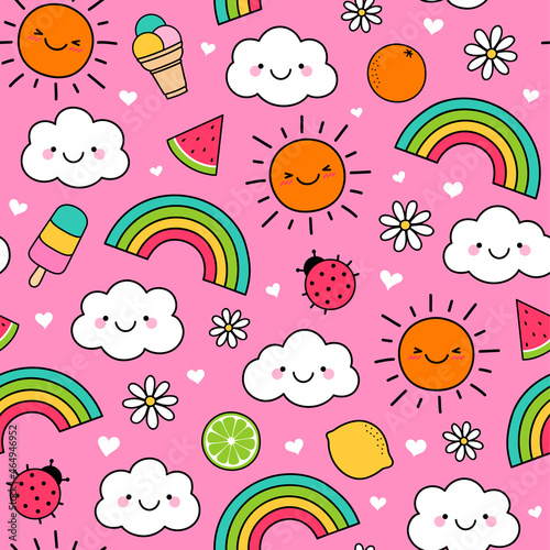 Cute summer elements cartoon seamless pattern with pink background.