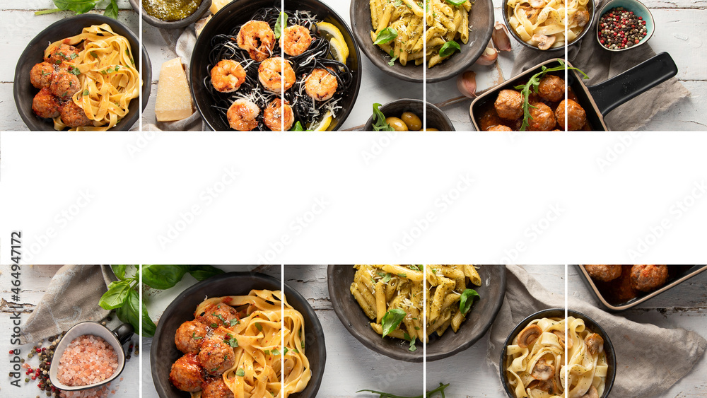 Collage of Assortment of Italian pasta with traditional snacks and sauces for dinner on white wooden background.