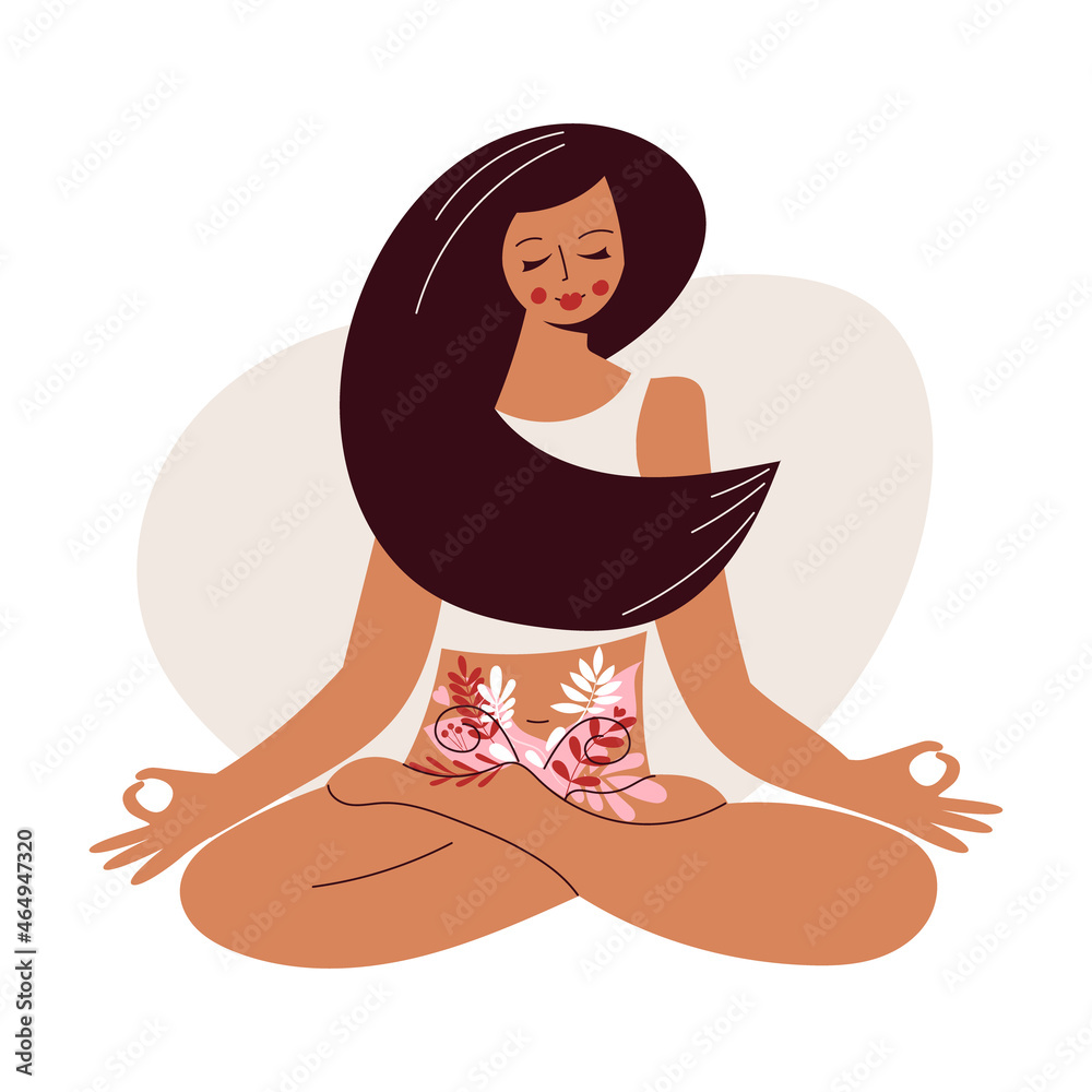 Hand drawn woman with floral feminine gynecology. Womb wonder - gynecology and female intimate health concept. Beauty female reproductive system. Woman health, zen and wellness vector illustration