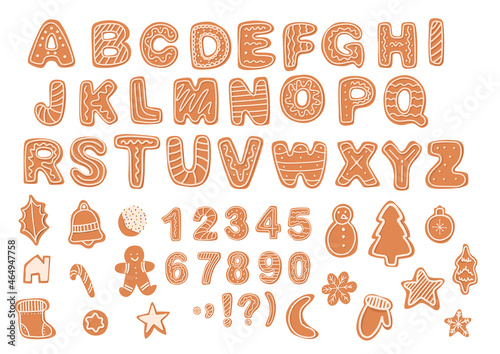 Christmas gingerbread cookies font alphabet numbers and sign.New Year winter food.