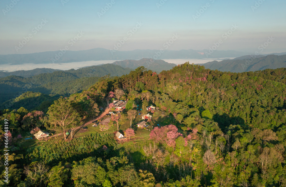 Obraz premium Aerial View of Doi Mae Taman, San Pa Kia. Mountains in the morning and the sea of mist, Doi Mae Taman, San Pa Kia. Chiang Mai Province, Thailand. Pink cherry blossom. Camping.