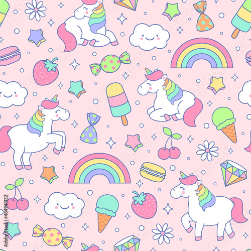 Cute pastel unicorn and dessert seamless pattern on pink background.