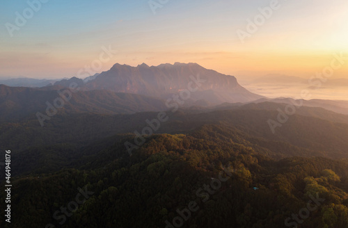 Aerial View of Doi Luang Chiang Dao Mountains in the morning and the sea of mist  Doi Mae Taman  San Pa Kia. Chiang Mai Province  Thailand. Camping.