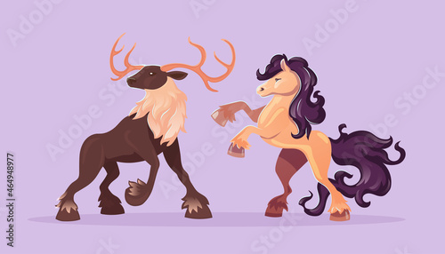 Deer and horse, wild hoofed animals. Vector cartoon set of majestic stag with antlers and mustang with beautiful mane and tail.Stallion rearing up and big reindeer isolated on purple background