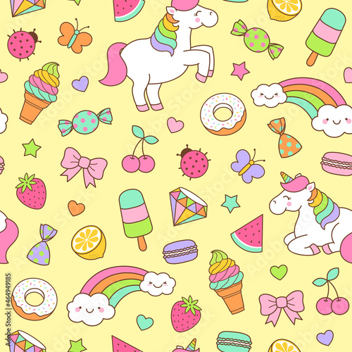 Cute unicorn, rainbow and dessert seamless pattern background.