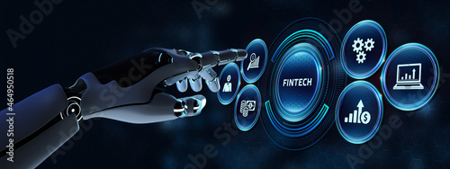 Fintech -financial technology concept. Robot pressing button on virtual screen. 3d render photo