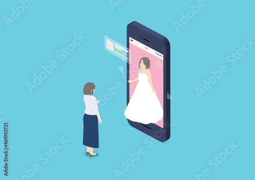 3D-AR（拡張現実）試着を利用する若い女性客のイラスト素材｜mayucolor01