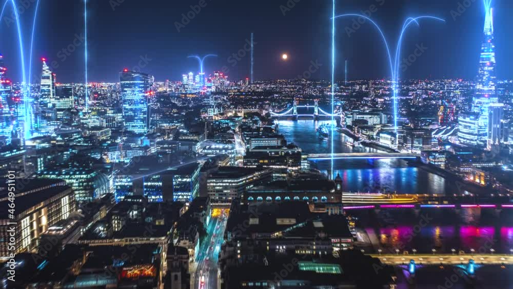 Communication Technology Network rays on Hyper lapse city background - 3d animation