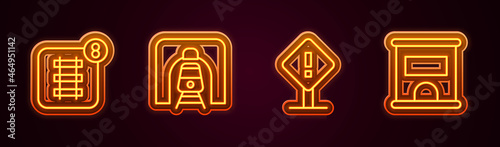 Set line Online ticket booking, Train railway tunnel, Exclamation mark square and Ticket office to buy tickets. Glowing neon icon. Vector