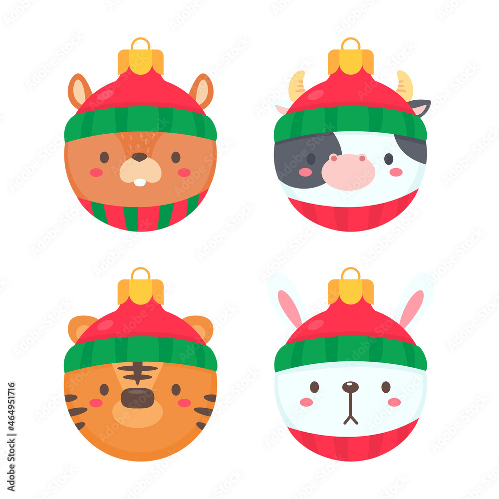 animal face christmas ball wearing a red woolen hat for decoration on Christmas animal face christmas ball wearing a red woolen hat for decoration on Christmas