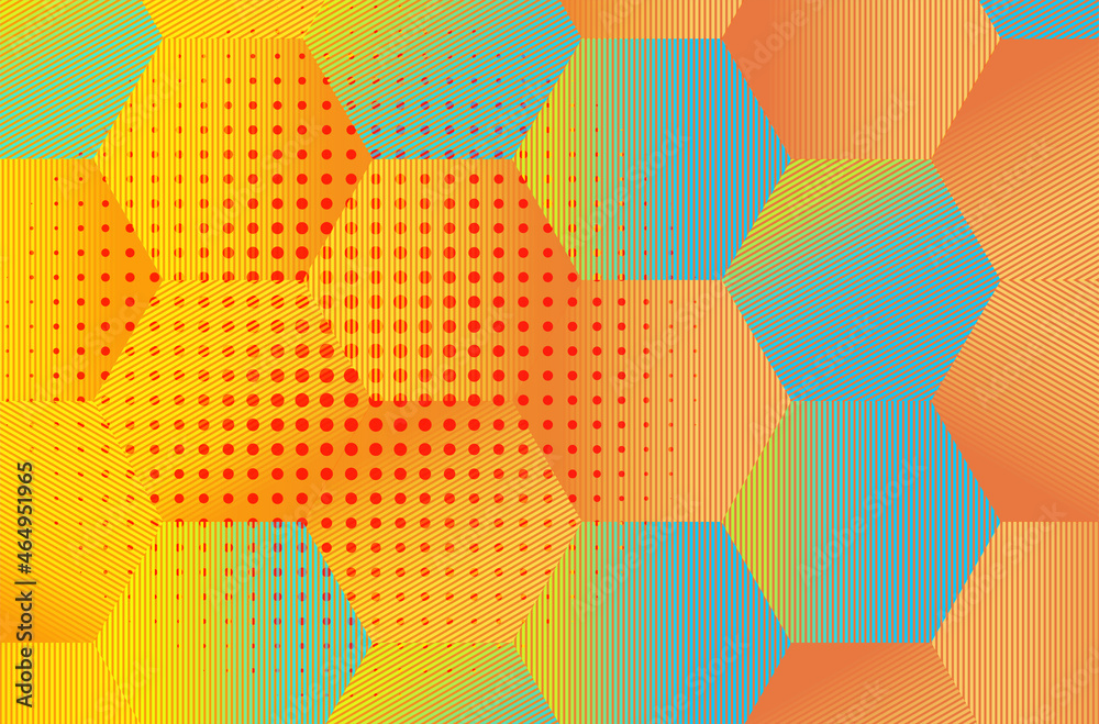 Abstract yellow blue and orange geometric background. Vector minimal illustration. Bright gradient hex shapes textured with halftone pattern and lines. Creative cover design and poster concept