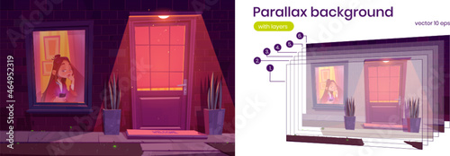 Unhappy girl with smartphone in house at night. Vector parallax background for 2d animation with cartoon illustration building facade with door and sad lonely woman by window