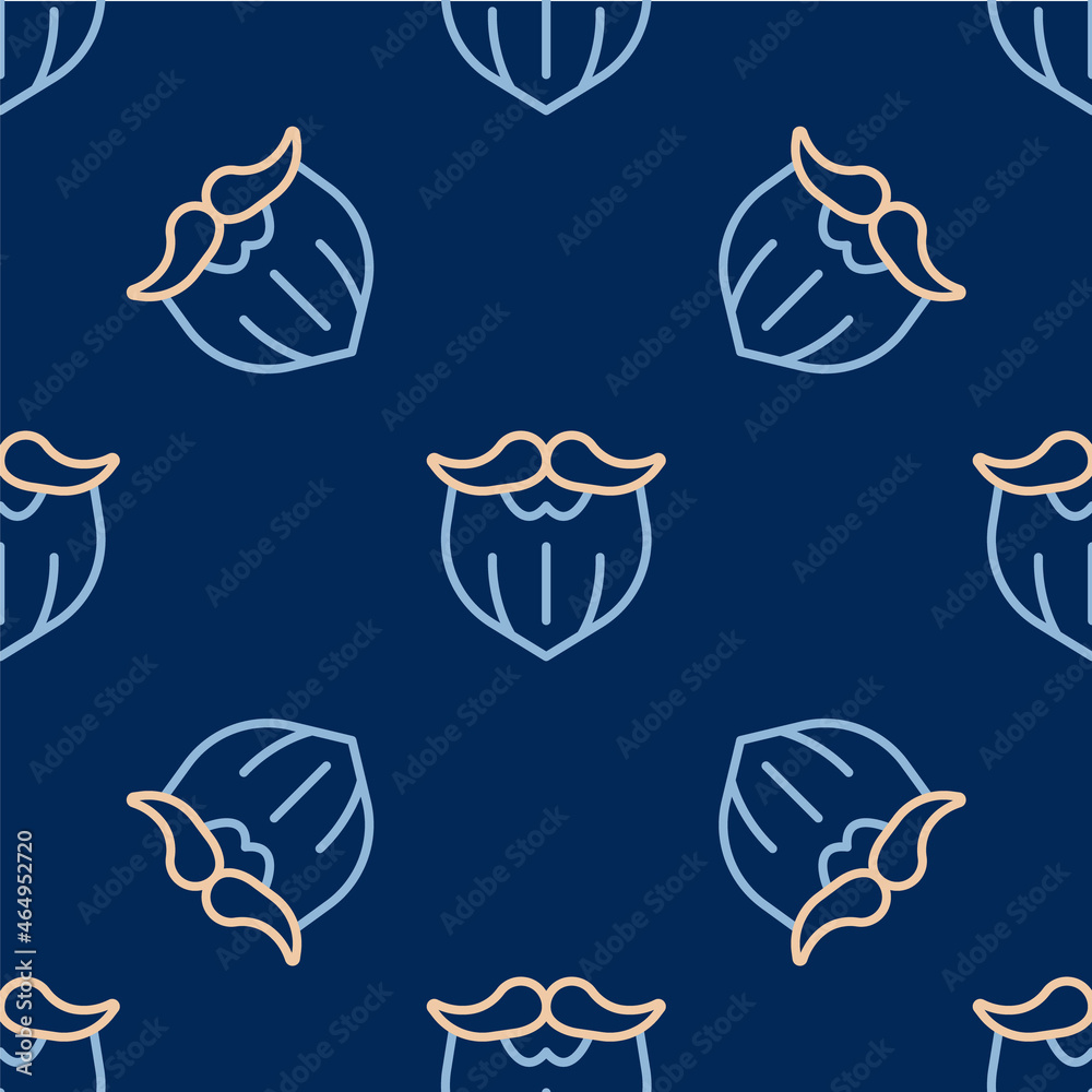Line Mustache and beard icon isolated seamless pattern on blue background. Barbershop symbol. Facial hair style. Vector