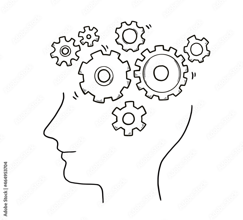 Brain think, brainstorming concept. Doodle sketch style mind gear mechanism. Symbol of intelligent, creative process, idea background. Education concept vector illustration.