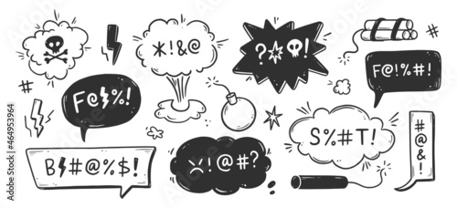Swear word speech bubble set. Curse, rude, swear word for angry, bad, negative expression. Hand drawn doodle sketch style. Vector illustration. photo