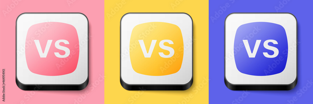 Isometric VS Versus battle icon isolated on pink, yellow and blue background. Competition vs match game, martial battle vs sport. Square button. Vector Isometric VS Versus battle icon isolated on pink, yellow and blue background. Competition vs match game, martial battle vs sport. Square button. Vector