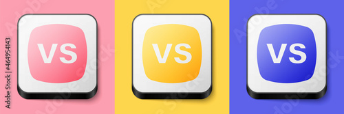 Isometric VS Versus battle icon isolated on pink, yellow and blue background. Competition vs match game, martial battle vs sport. Square button. Vector