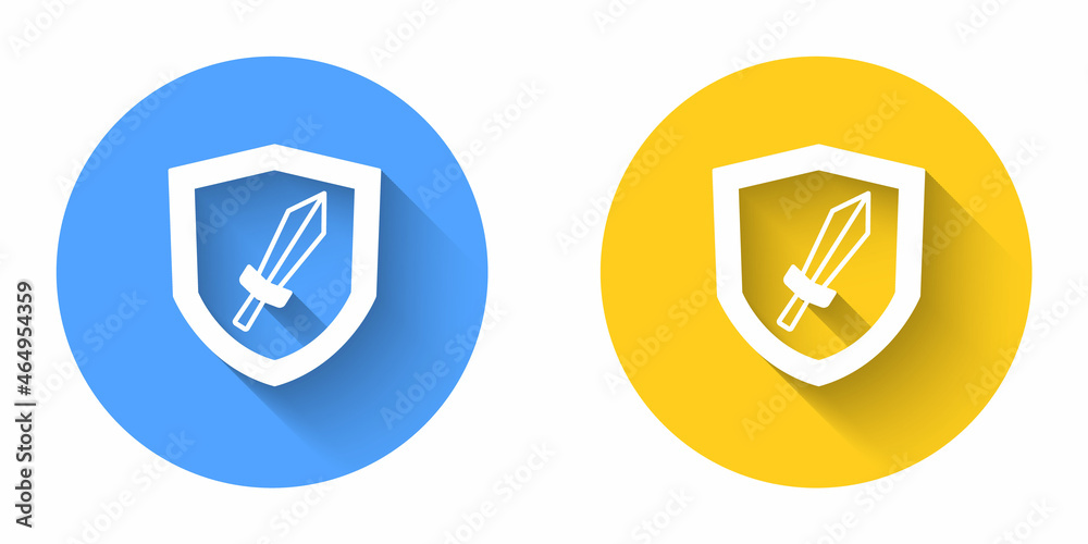 White Sword for game icon isolated with long shadow background. Circle button. Vector White Sword for game icon isolated with long shadow background. Circle button. Vector